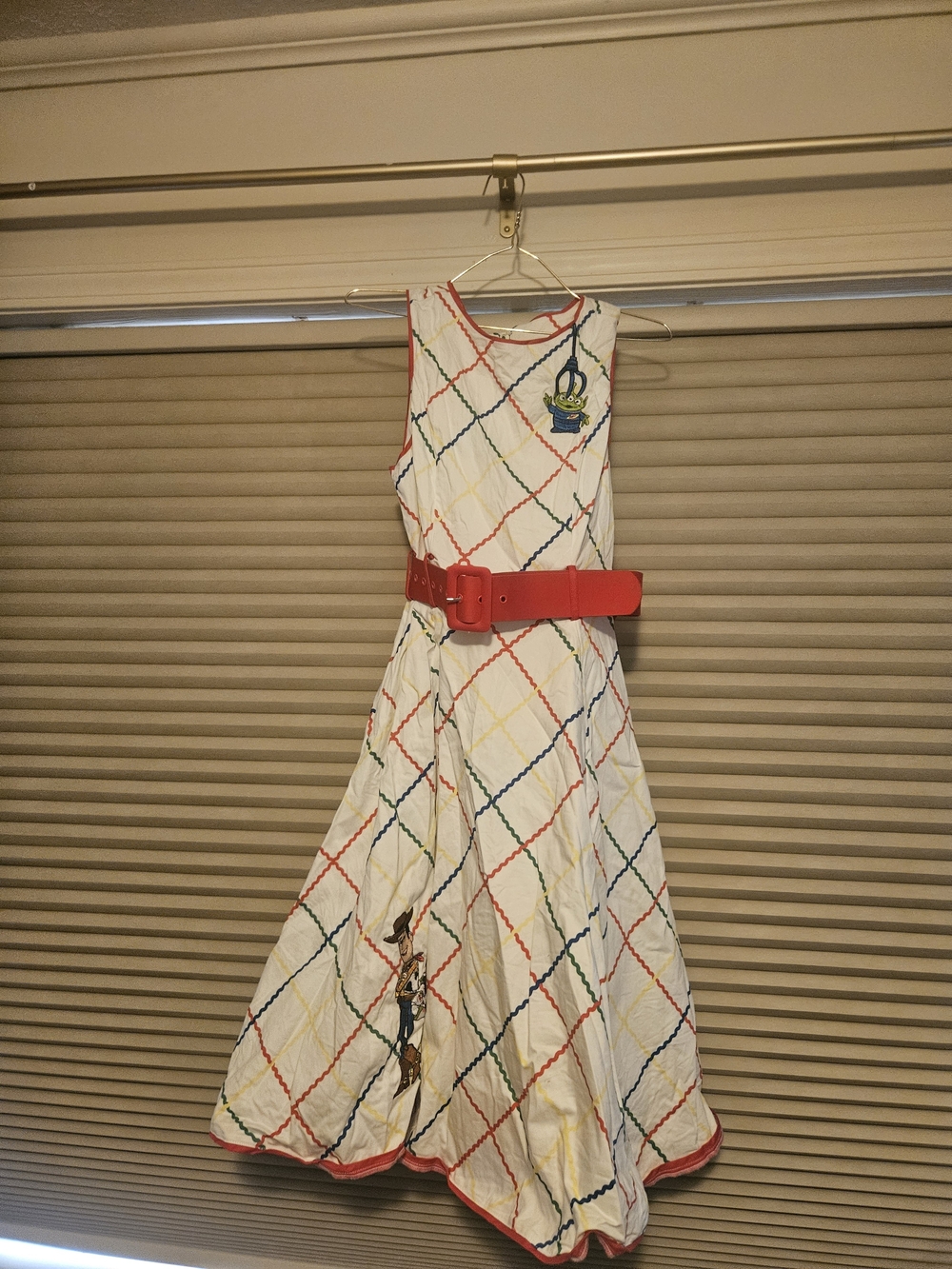 Toy Story White Multicolor Diamond-Pattern Sleeveless Dress with Red Belt
